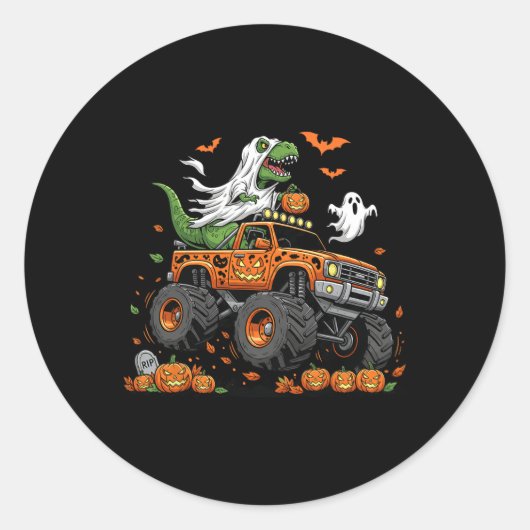 Sticker Rond Dinosaur T-rex équitation Monster Camion Halloween (Devant)
