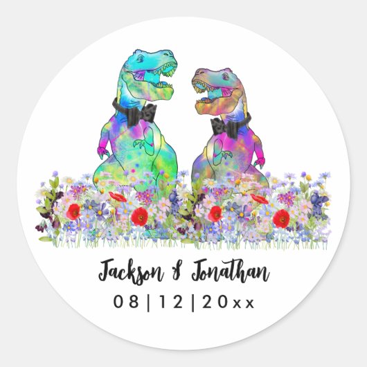 Sticker Rond Dinosaur Wildflower Gay Wedding (Devant)