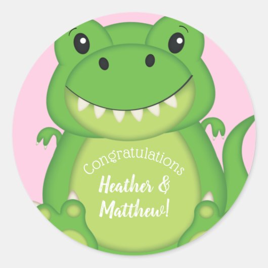 Sticker Rond Dinosaure Baby shower T-Rex Rose Girl (Devant)