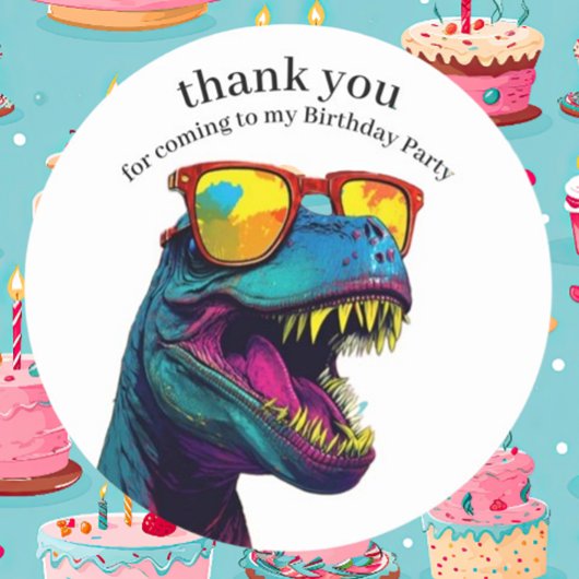 Sticker Rond Dinosaure Bleu Joyeux Anniversaire Merci