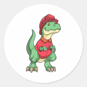 Sticker Rond Dinosaure comme pompier avec casque d'incendie