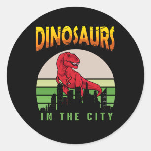 Sticker Rond Dinosaure dans la ville   Design de dinosaure