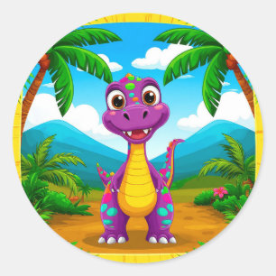 Sticker Rond Dinosaure de dessin animé dans une scène tropicale