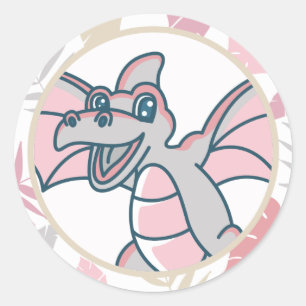 Sticker Rond Dinosaure de dragon rose et gris