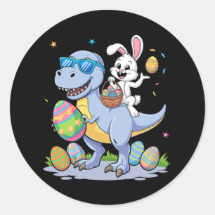 Sticker Rond Dinosaure de Pâques T-rex et lapin tenant coloré E