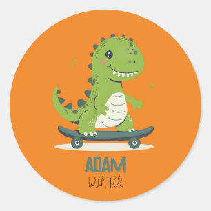 Sticker Rond Dinosaure De Skateboard Amusant Avec Nom Enfants