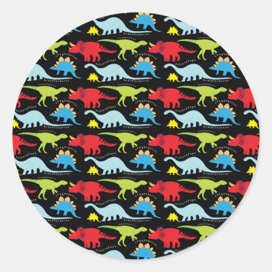 Sticker Rond Dinosaure Dessins bleu rouge vert sur noir (Devant)