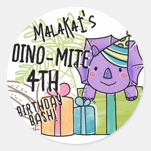 Sticker Rond Dinosaure fête d'anniversaire de Dino-Mite (Devant)