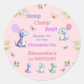 Sticker Rond Dinosaure fille rose 1er anniversaire Merci (Devant)