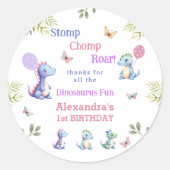 Sticker Rond Dinosaure fille rose mignonne 1er Merci d'annivers (Devant)