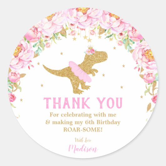 Sticker Rond Dinosaure Floral Merci Favor Girl Tutu T-rex (Devant)