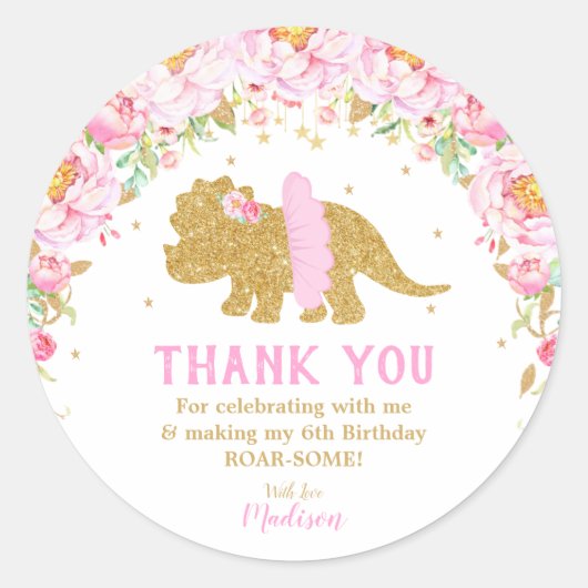 Sticker Rond Dinosaure Floral Merci Favor Tutu Triceratops (Devant)