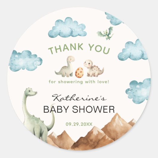 Sticker Rond Dinosaure Hatching Bientôt Baby shower Merci (Devant)