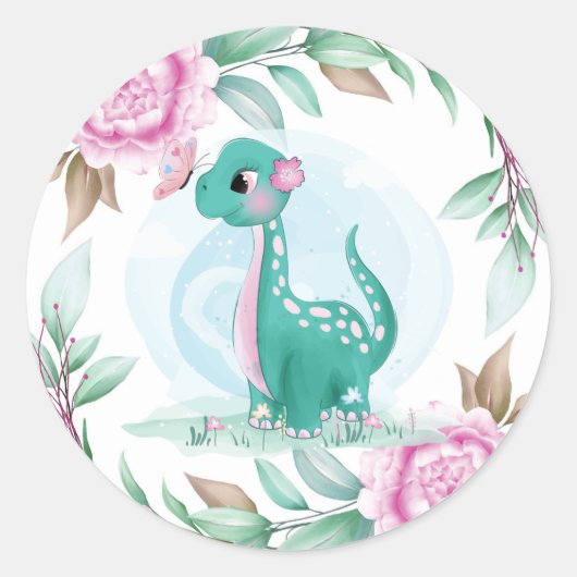 Sticker Rond Dinosaure mignon avec Baby shower Peony rose (Devant)