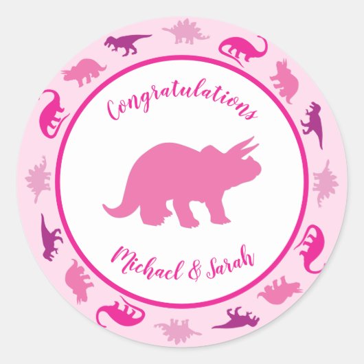 Sticker Rond Dinosaure rose Baby shower mignonne Dino fille (Devant)