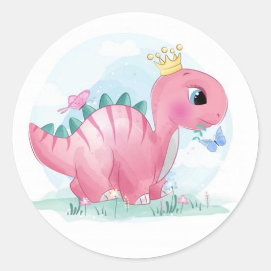 Sticker Rond Dinosaure rose bébé avec couronne (Devant)
