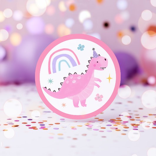 Sticker Rond Dinosaure rose Fête d'anniversaire Faveurs