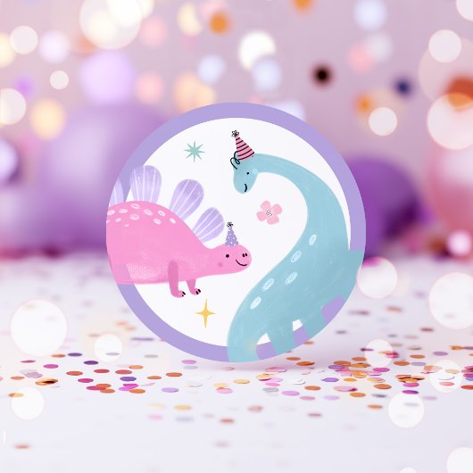 Sticker Rond Dinosaure rose Fête d'anniversaire Faveurs