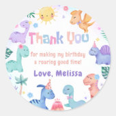 Sticker Rond Dinosaure rose Merci de fête d'anniversaire (Devant)