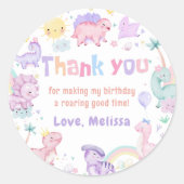Sticker Rond Dinosaure rose Merci de fête d'anniversaire (Devant)
