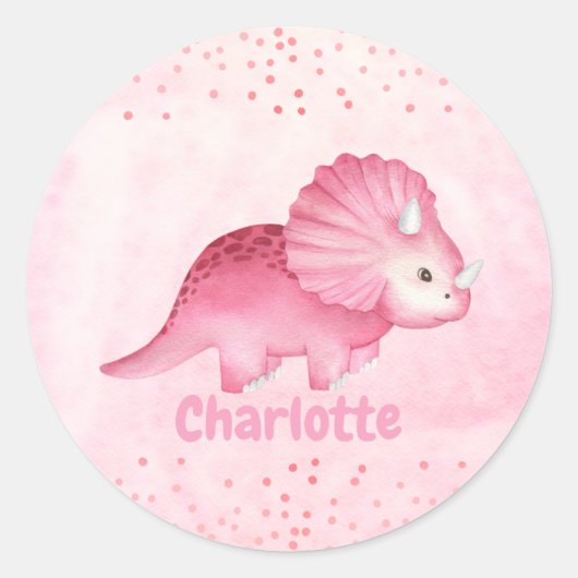 Sticker Rond Dinosaure rose mignon personnalisé (Devant)