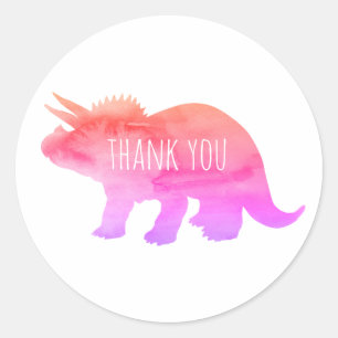 Sticker Rond Dinosaure rose personnalisé Tricératops Merci