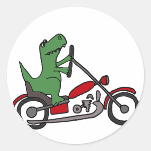 Sticker Rond Dinosaure T-rex drôle sur moto rouge