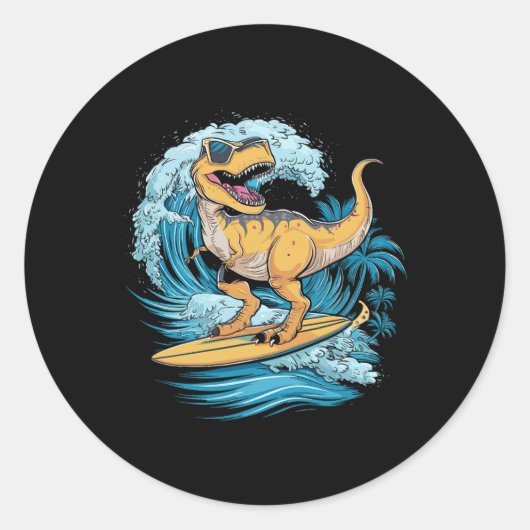 Sticker Rond Dinosaure T-rex Surfeur de plage (Devant)