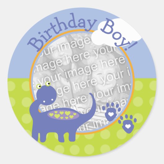 Sticker Rond Dinosaure violet Birthday Boy with Dots Photo (Devant)