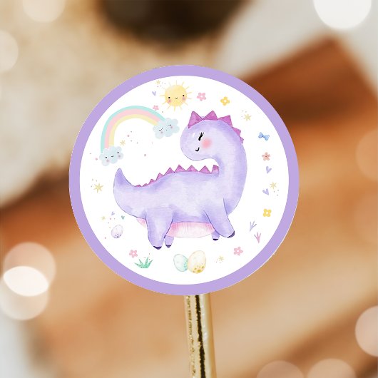 Sticker Rond Dinosaure violet fête d'anniversaire Classique