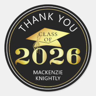 Sticker Rond Diplômé 2025 Merci Noir Feuille de Dorure Fausse O