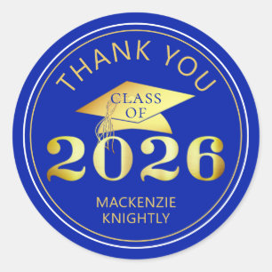Sticker Rond Diplômé 2026 Merci Bleu Royal Faux Or