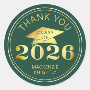 Sticker Rond Diplômé 2026 Merci Vert Feuille de Dorure Fausse