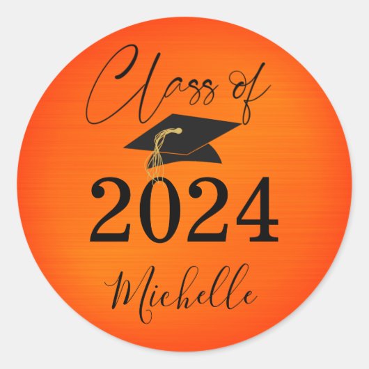 Sticker Rond Diplôme Casquette Noir Orange Écriture Faux Métall (Devant)