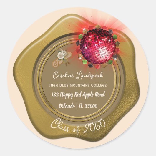 Sticker Rond Diplôme Disco Red Ball & Floral Grad (Devant)