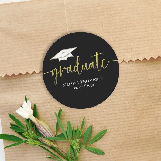 Sticker Rond Diplômé Or Noir Clé de Graduation
