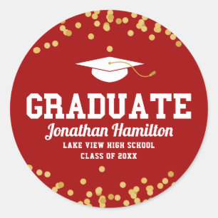 Sticker Rond Diplômé Red Gold Confetti Graduation