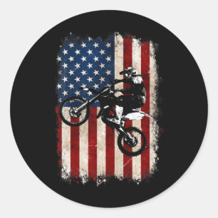 Sticker Rond Dirt Bike Drapeau Américain Motocross Biker 4 Juil