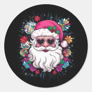Sticker Rond Disco Rose Père Noël Noël Fête de Noël Drôle
