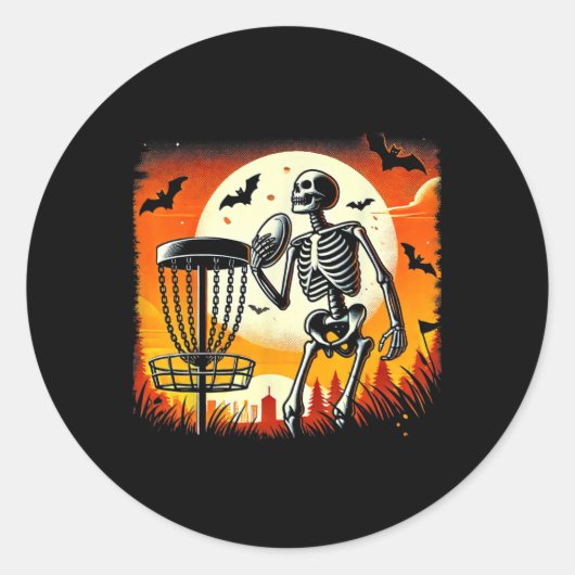 Sticker Rond Disque Golf Skeleton Halloween Disque Golf Pour Sq (Devant)