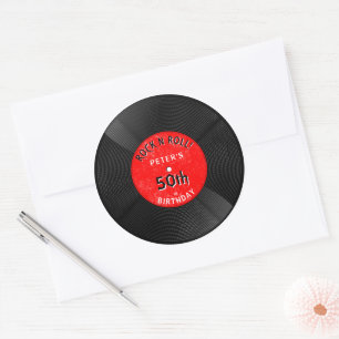 Sticker Rond Disque Vinyle Rétro Rock N Roll Rouge Anniversaire