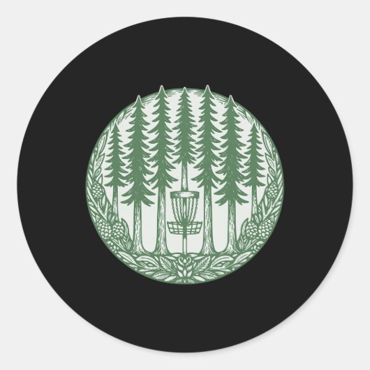 Sticker Rond Disque volant de golf en forêt dessiné avec des pi (Devant)