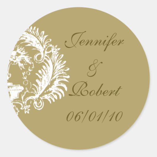 Sticker Rond Distinction : Gold et White Damask Design (Devant)