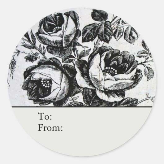 Sticker Rond Distressed B&W Roses Personalized To & From (Devant)