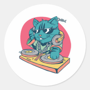Sticker Rond DJ Cat cool