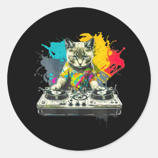 Sticker Rond Dj Cat drôle house musique chat
