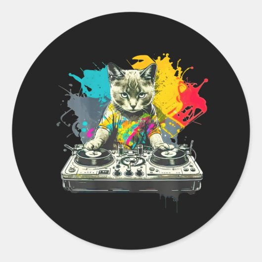 Sticker Rond Dj Cat drôle house musique chat (Devant)