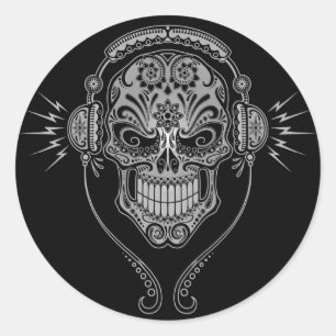 Sticker Rond DJ Sugar Skull - Noir