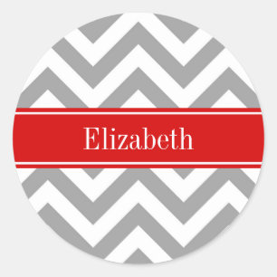 Sticker Rond Dk Gris Blanc LG Chevron Rouge Monogramme Nom