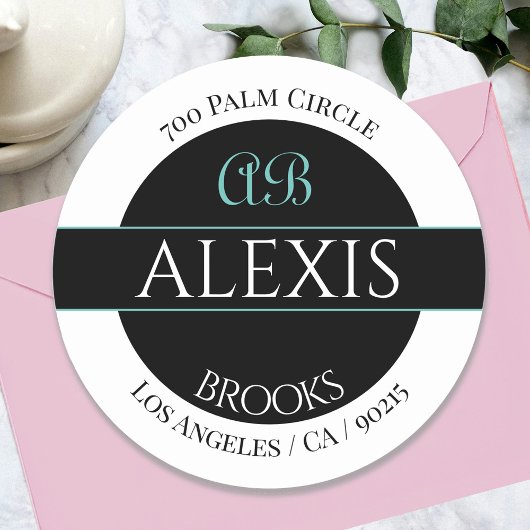 Sticker Rond do-it-yourself Nom Adresse Monogramme, Blanc Noir 